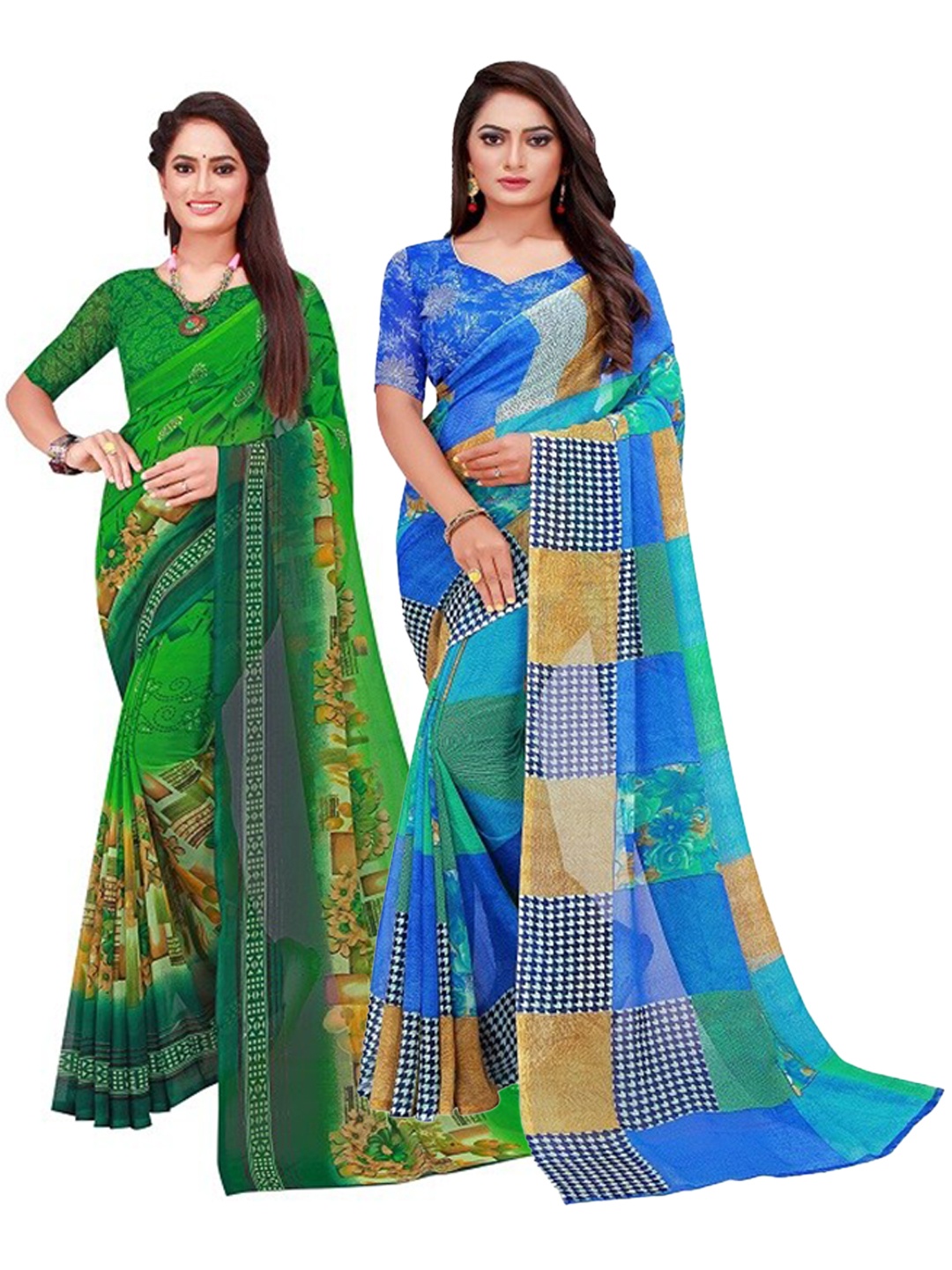 

Florence Blue & Green Printed Pure Georgette Saree