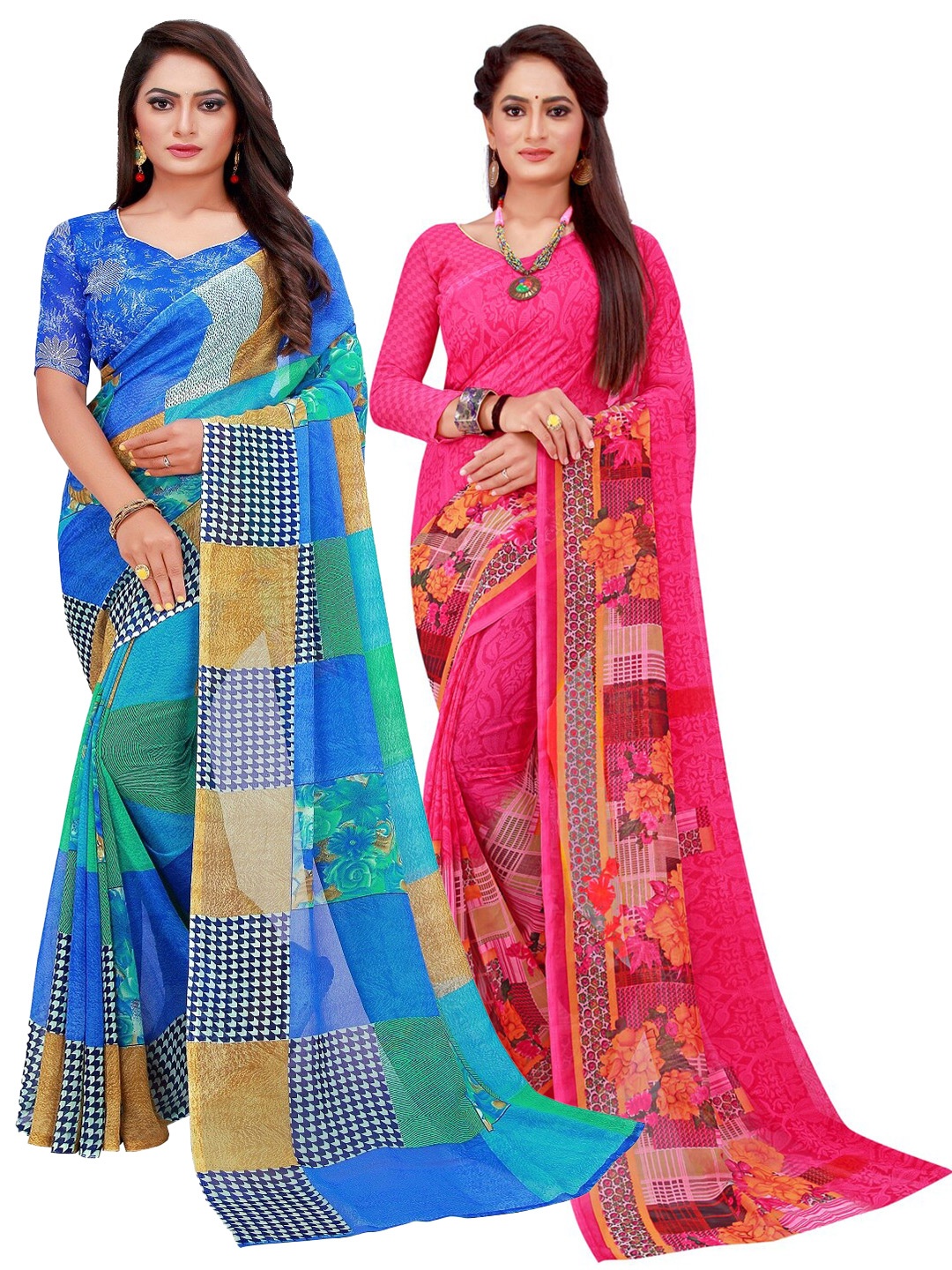 

Florence Pink & Blue Printed Pure Georgette Saree