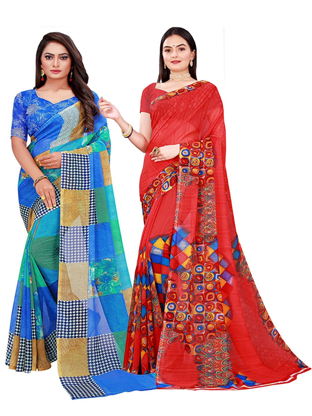 

Florence Red & Blue Printed Pure Georgette Saree