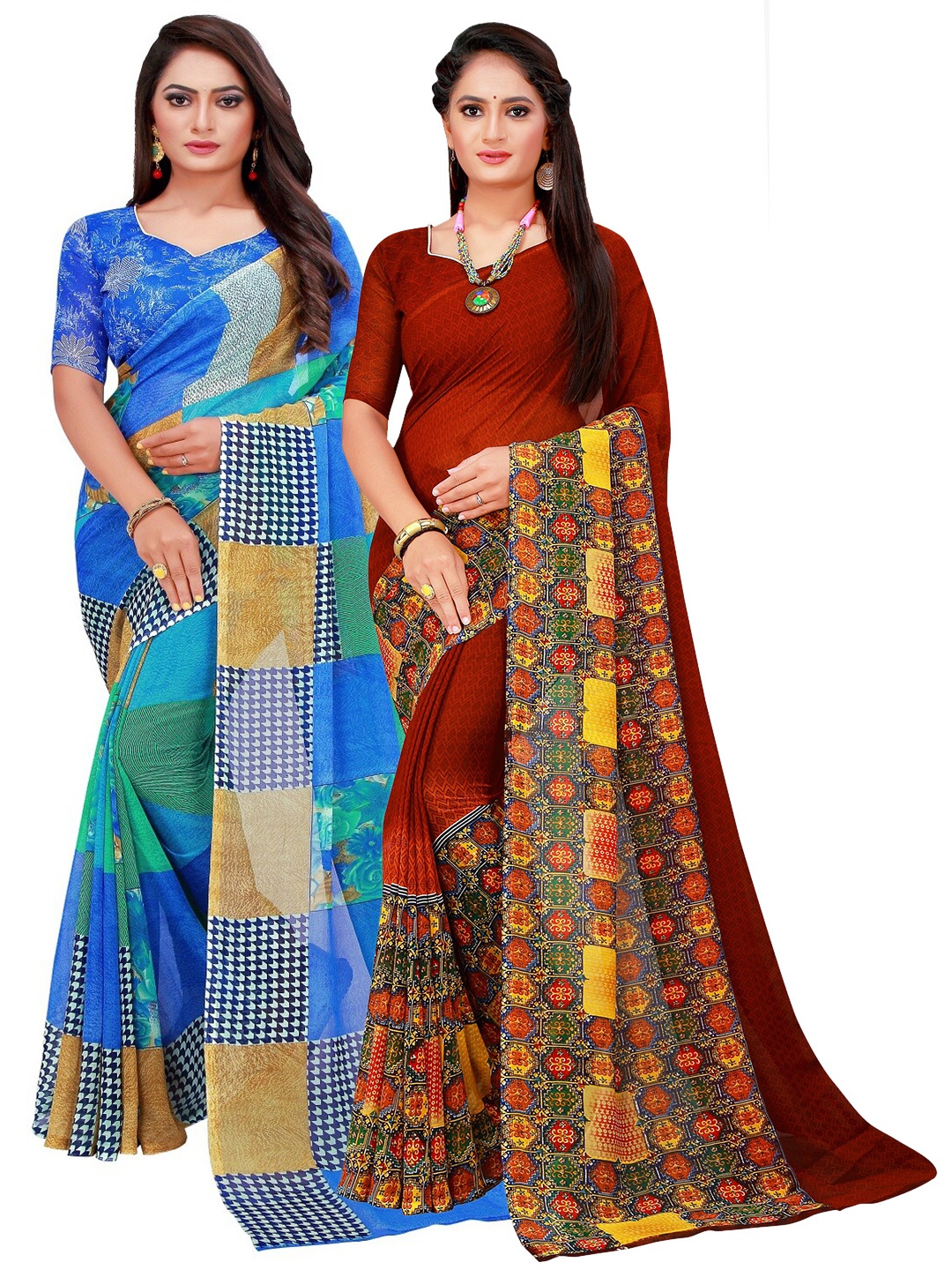 

Florence Blue & Brown Printed Pure Georgette Saree