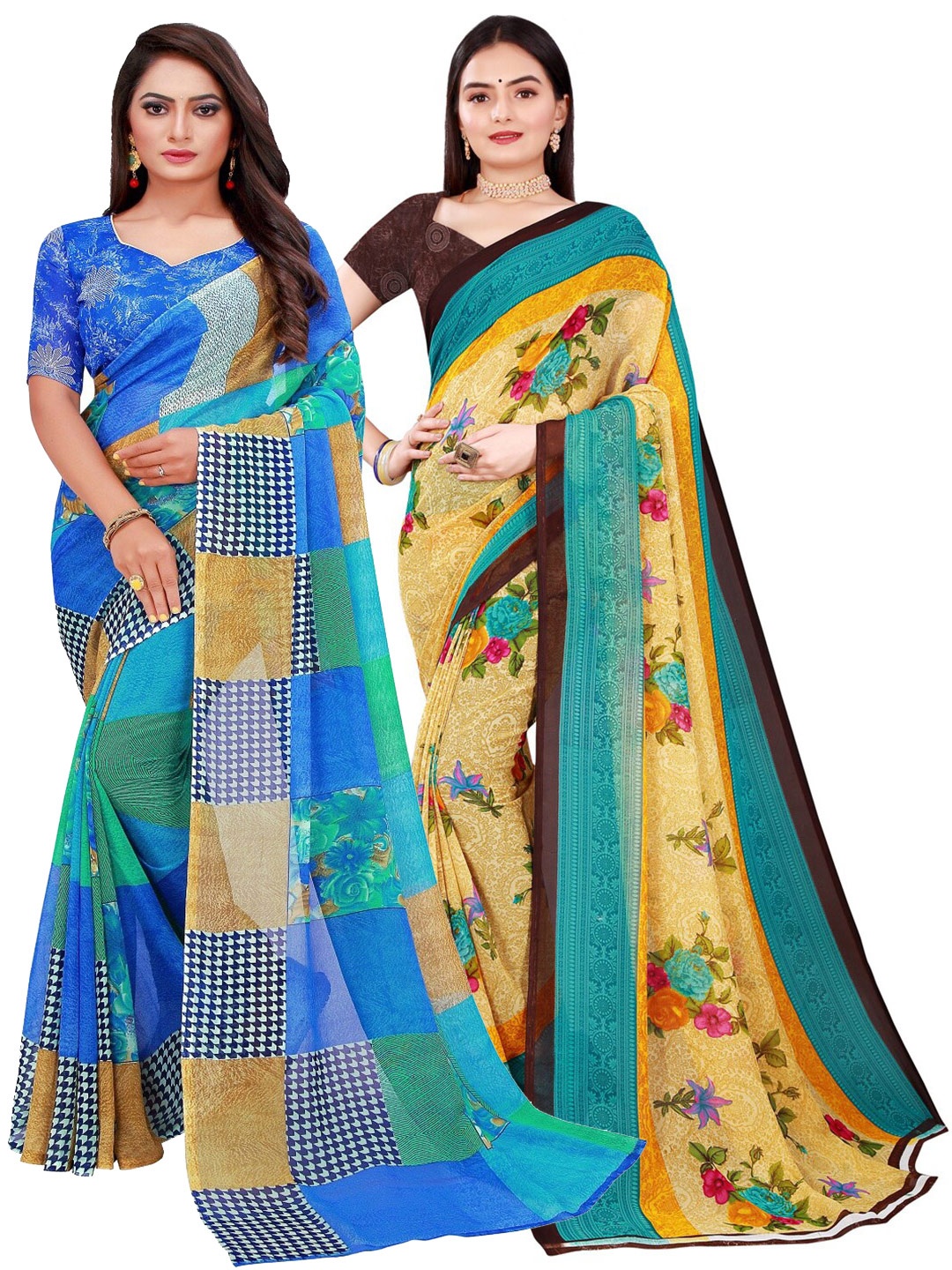 

Florence Yellow & Blue Printed Pure Georgette Saree