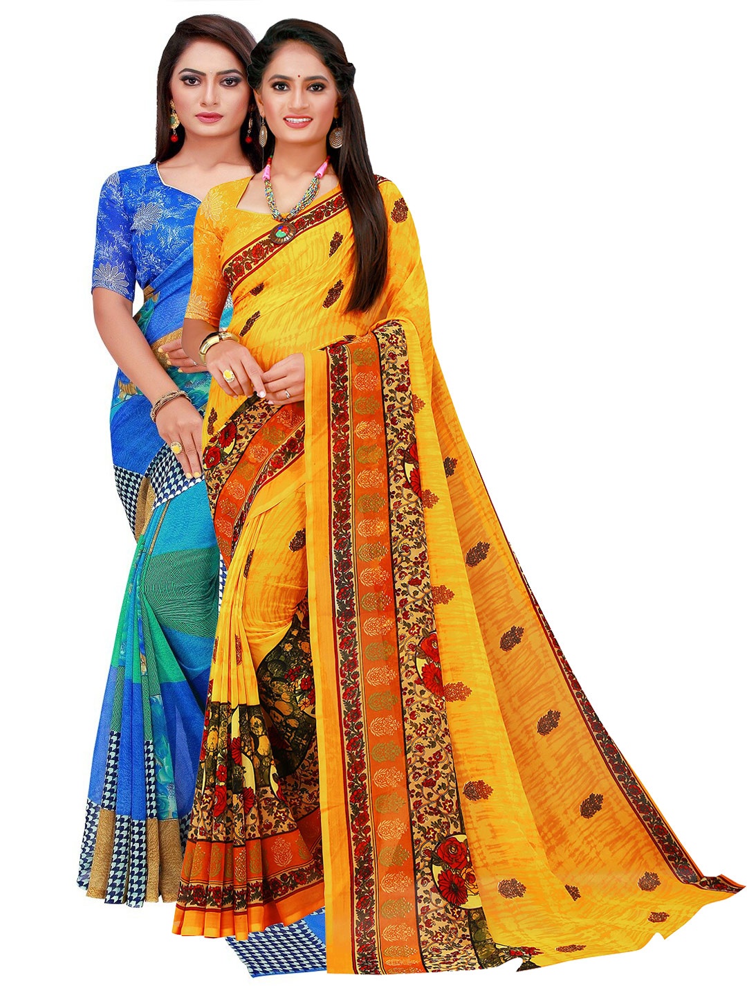 

Florence Blue & Yellow Printed Pure Georgette Saree