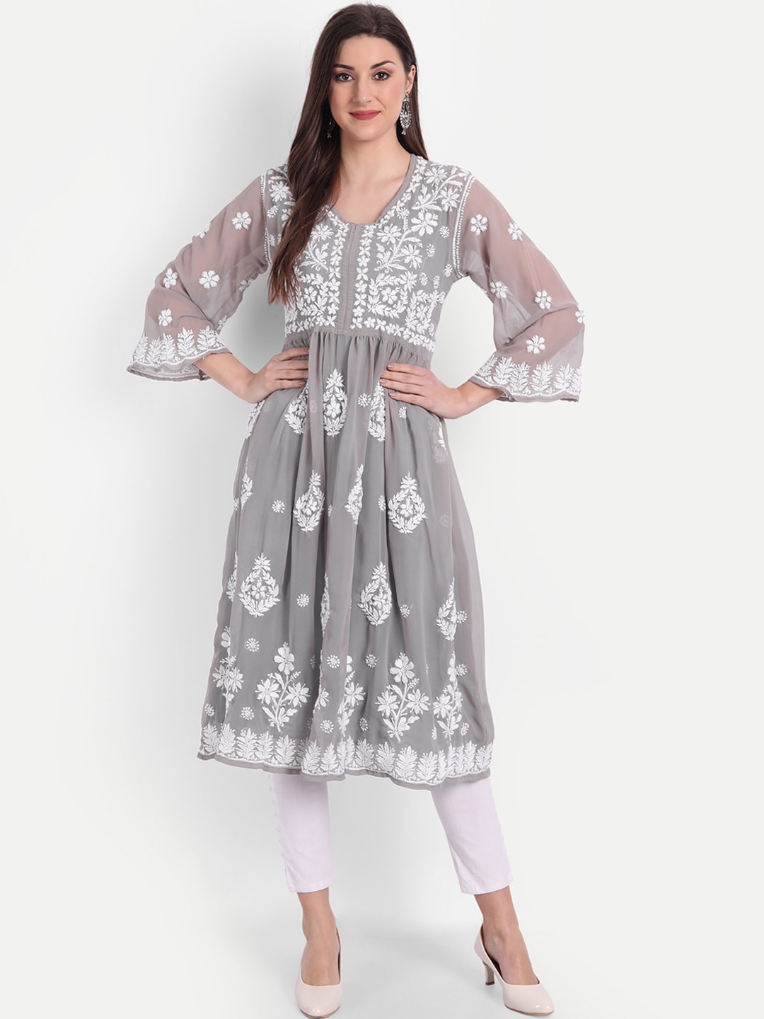 

Indiankala4u Women Grey Ethnic Motifs Embroidered Georgette Anarkali Kurta
