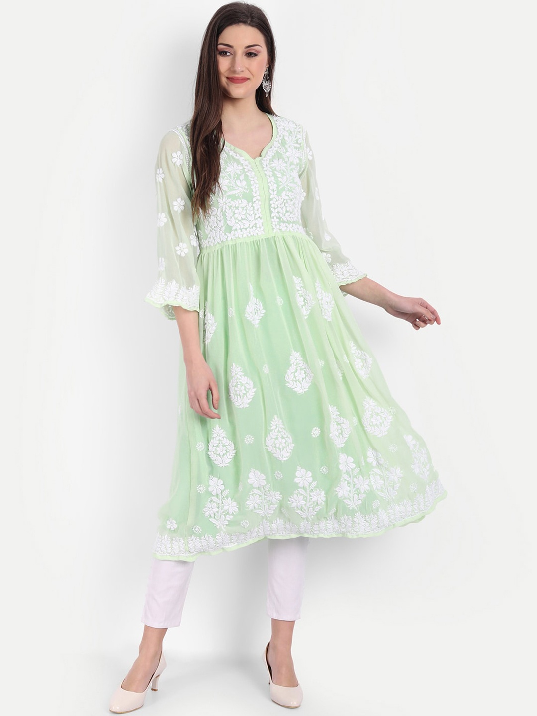 

Indiankala4u Women Green Floral Embroidered Chikankari Georgette Anarkali Kurta