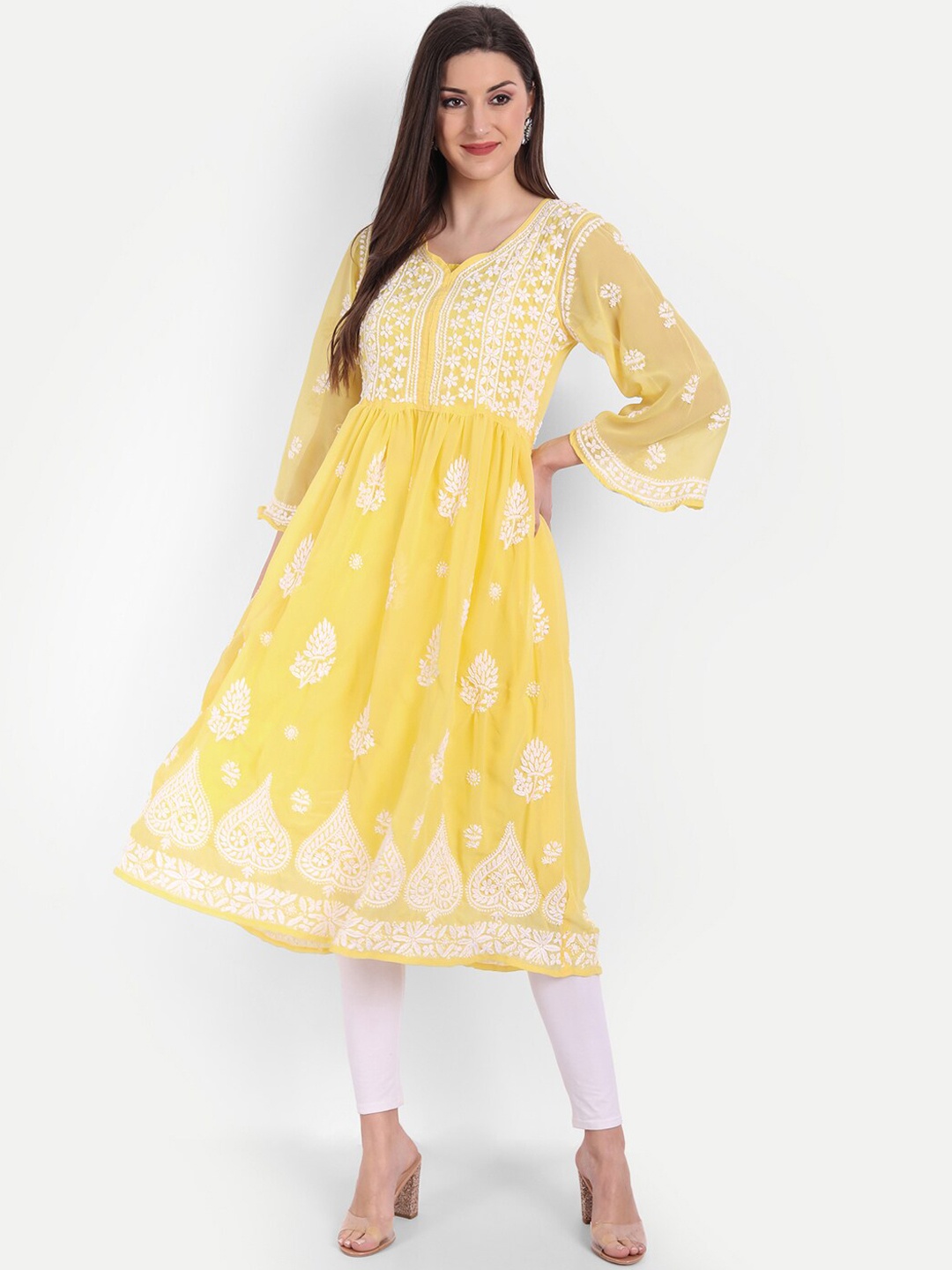 

Indiankala4u Women Yellow Chikankari Embroidered Kurta