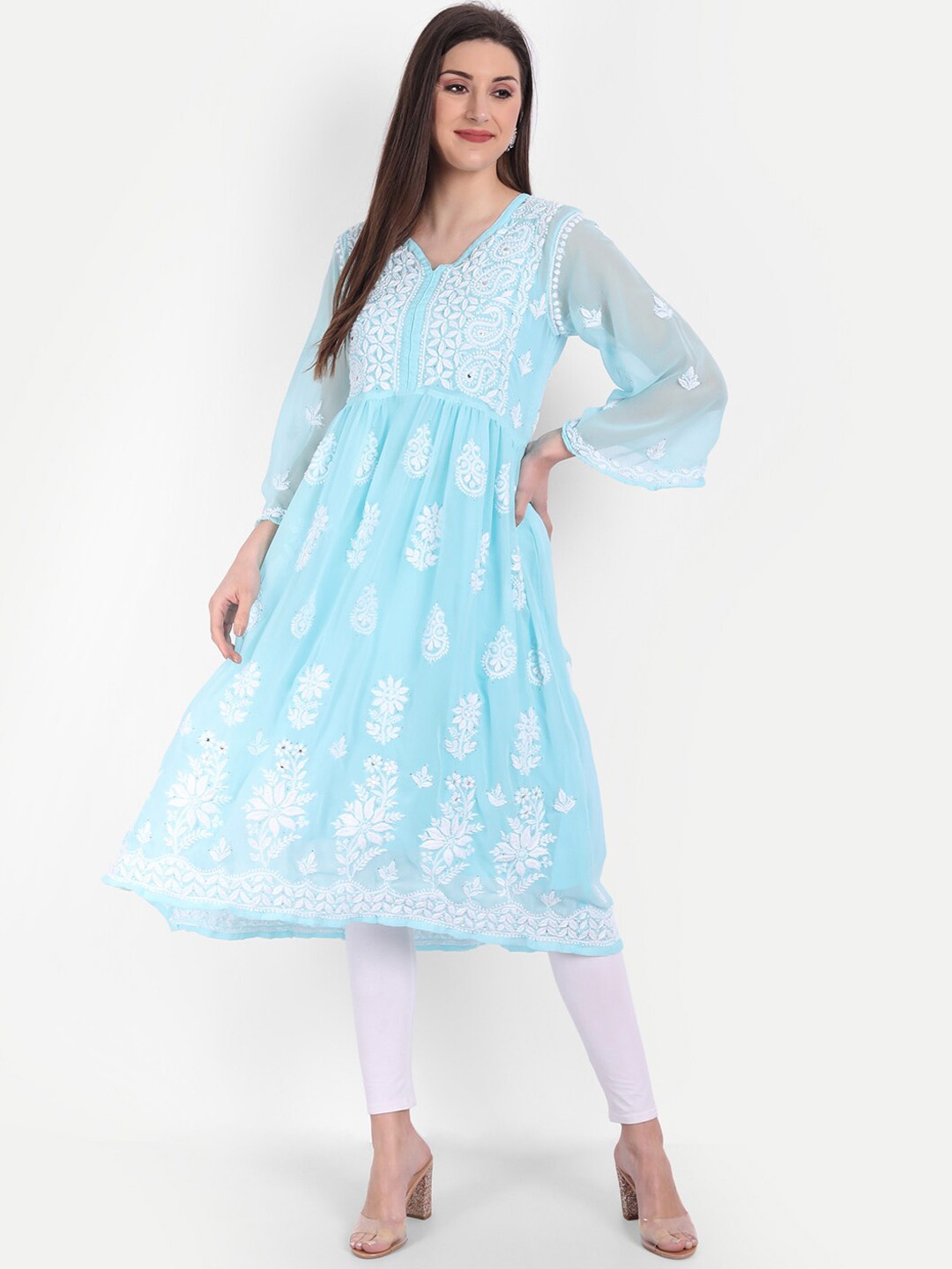 

Indiankala4u Women Blue Ethnic Motifs Embroidered Chikankari Georgette Anarkali Kurta