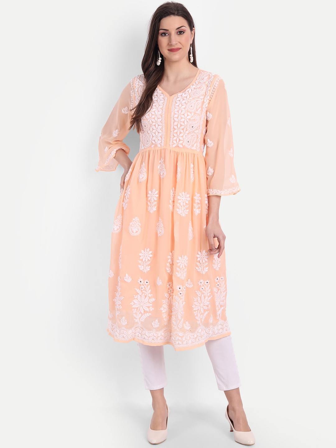 

Indiankala4u Women Peach-Coloured Chikankari Embroidered Georgette Mukaish Work Kurta