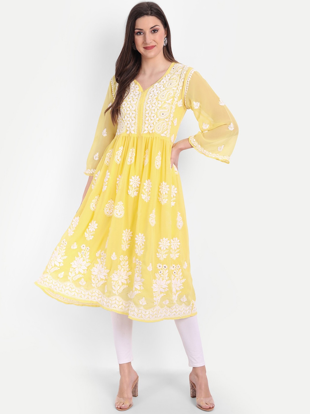 

Indiankala4u Women Yellow Chikankari Embroidered Georgette Mukaish Work Kurta