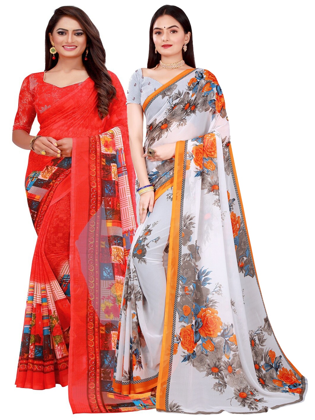

KALINI Off White & Red Printed Pure Georgette Saree
