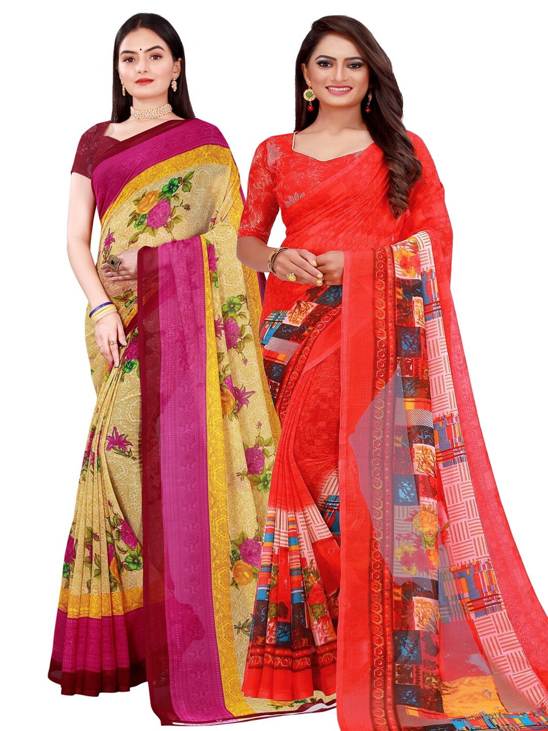 

KALINI Red & Beige Printed Pure Georgette Saree