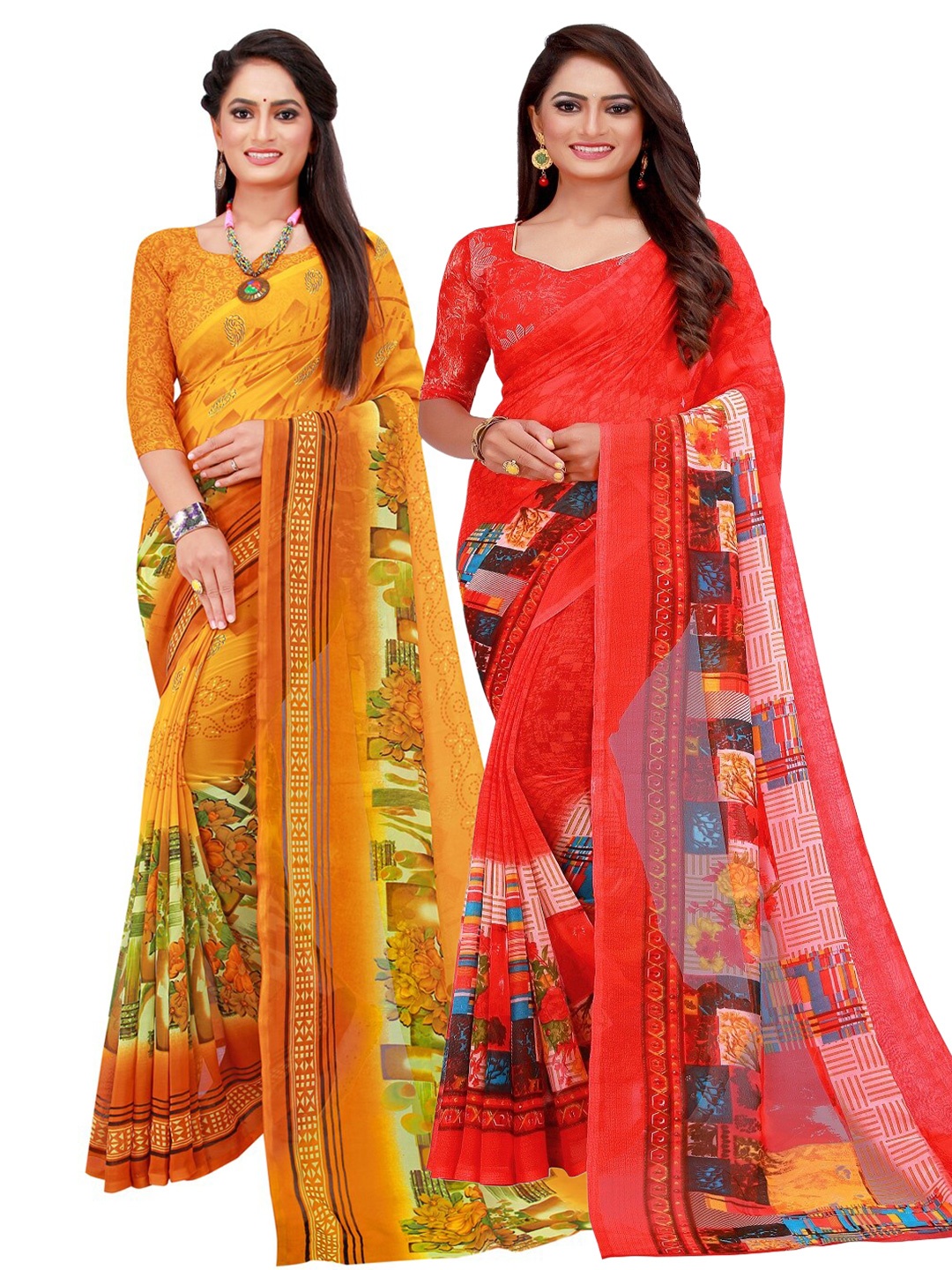 

KALINI Red & Mustard Printed Pure Georgette Saree