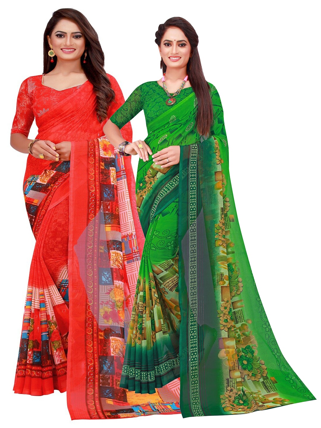 

KALINI Red & Green Printed Pure Georgette Saree