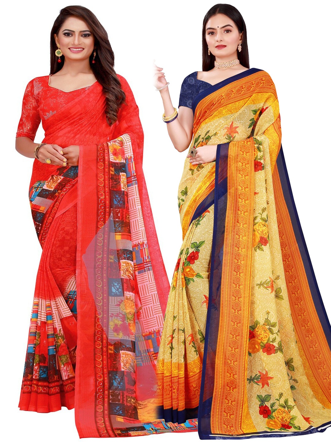 

KALINI Mustard & Red Printed Pure Georgette Saree