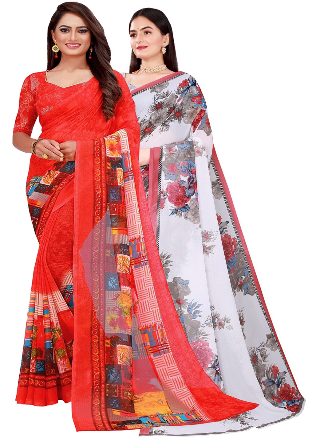 

KALINI White & Red Printed Pure Georgette Saree