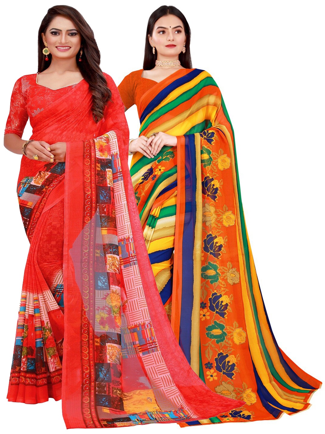 

KALINI Red & Yellow Printed Pure Georgette Saree