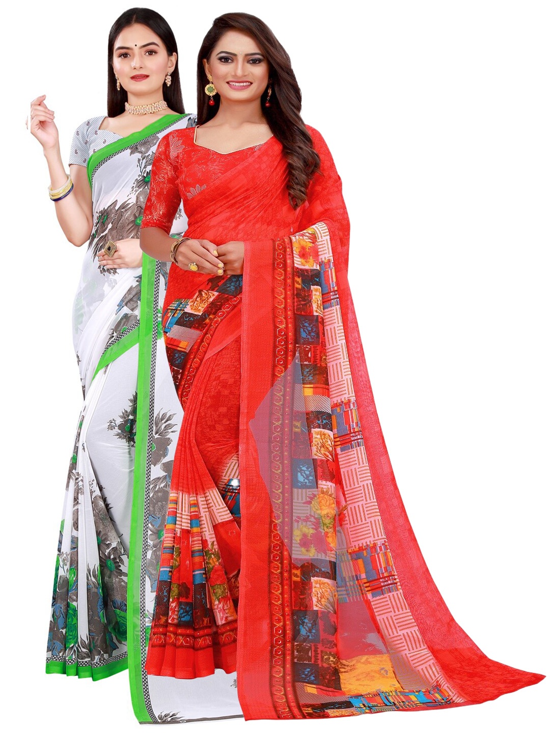 

KALINI White & Green Printed Pure Georgette Saree