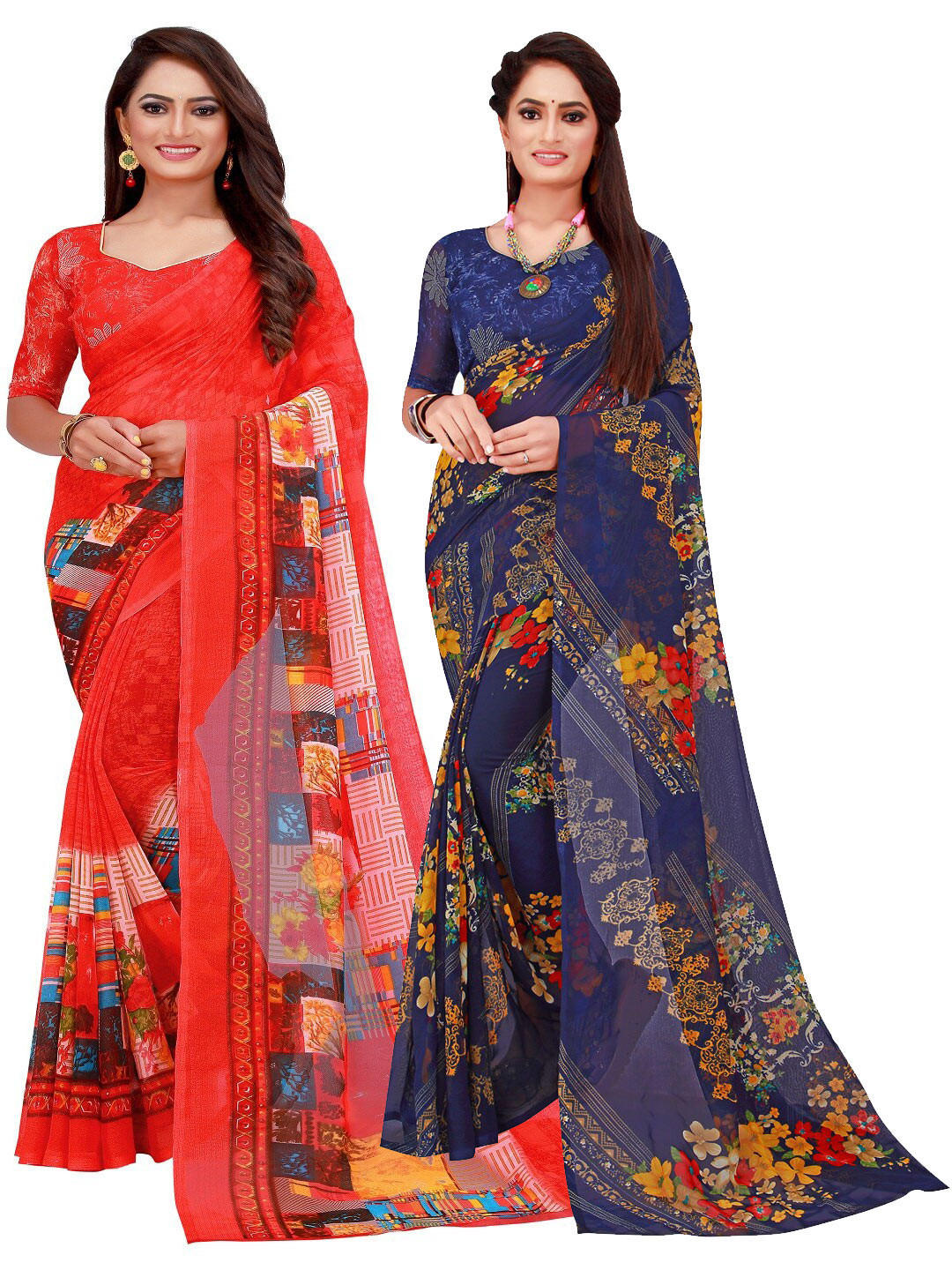 

KALINI Red & Blue Printed Pure Georgette Saree