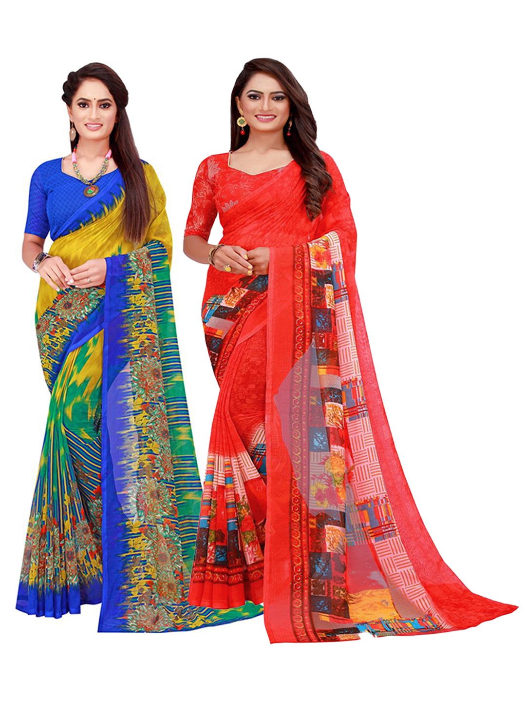 

KALINI Red & Yellow Printed Pure Georgette Saree