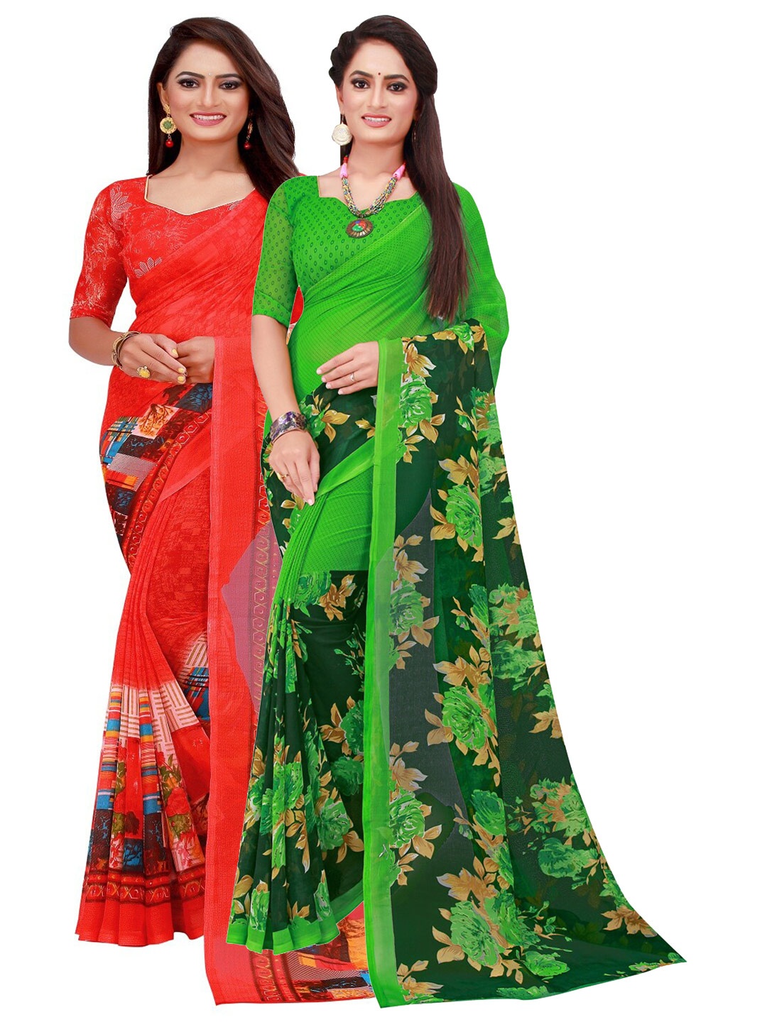 

KALINI Red & Green Printed Pure Georgette Saree