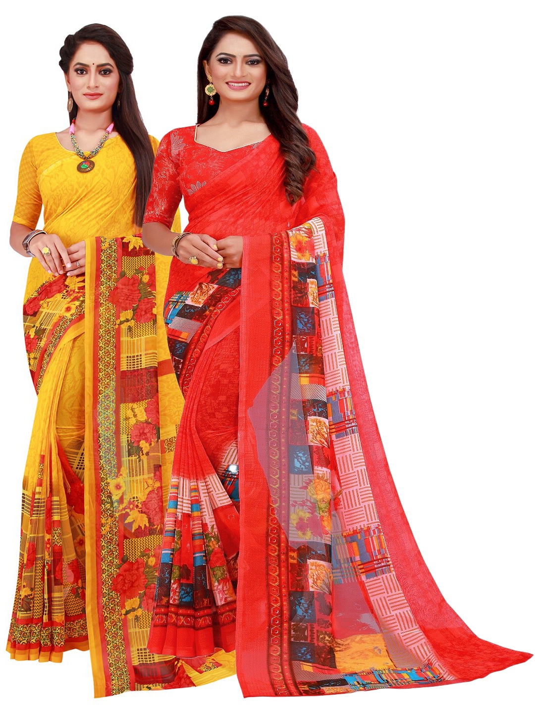 

KALINI Yellow & Red Printed Pure Georgette Saree