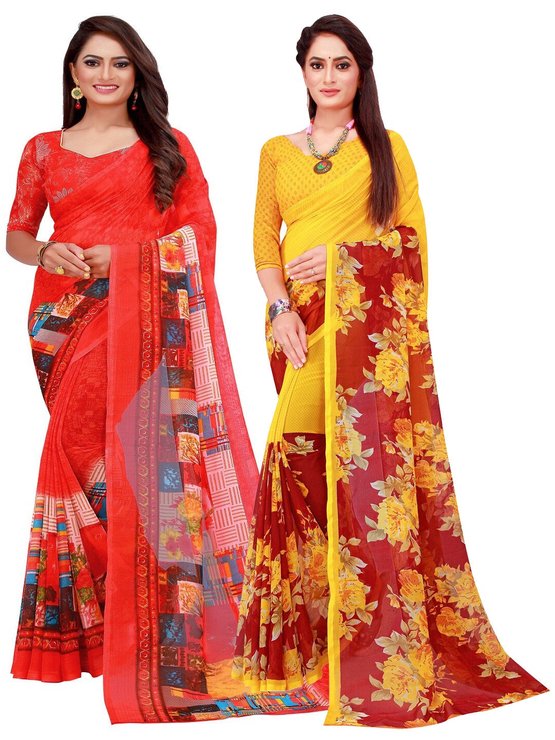 

KALINI Red & Yellow Printed Pure Georgette Saree