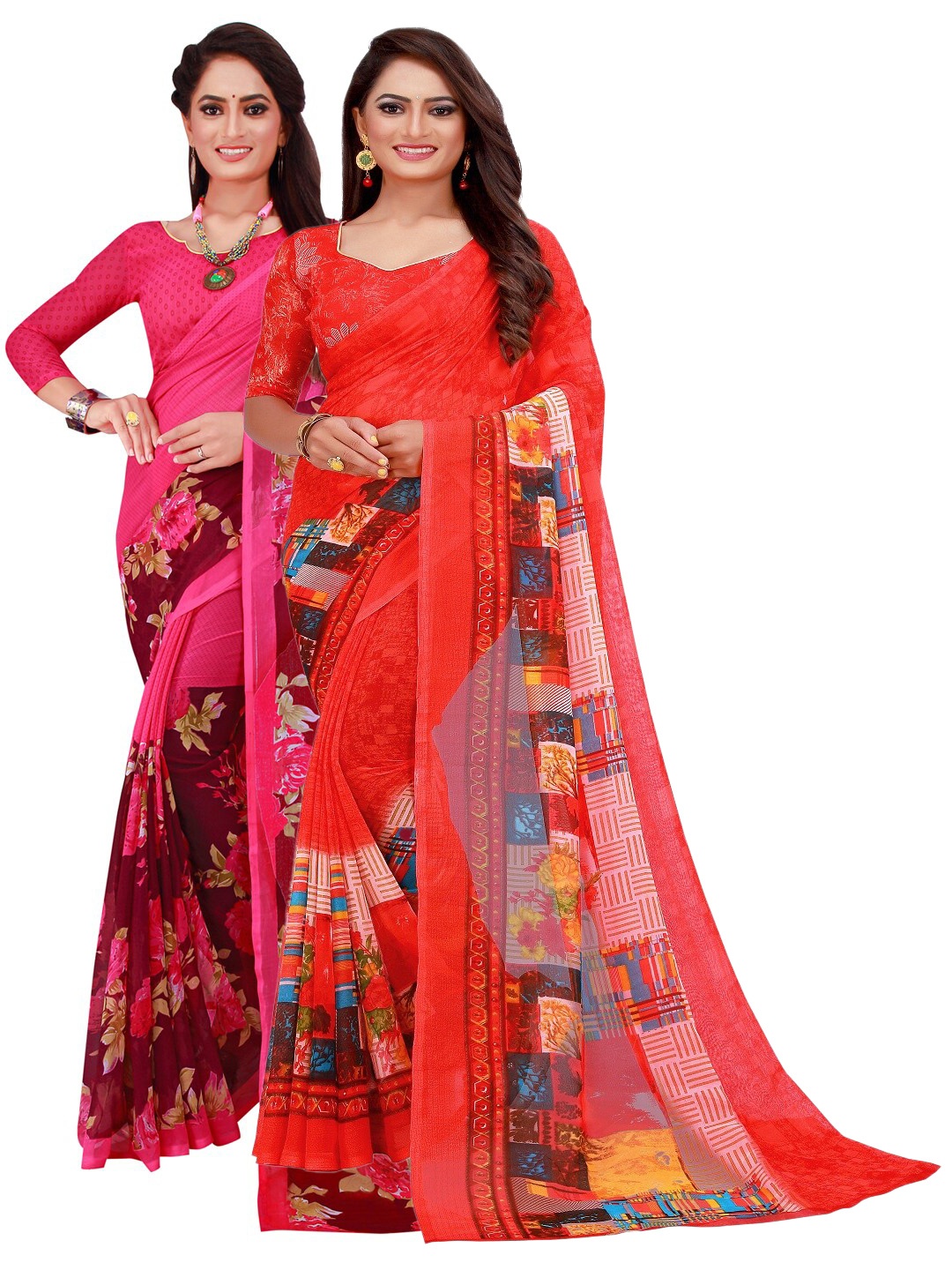 

KALINI Red & Magenta Printed Pure Georgette Saree