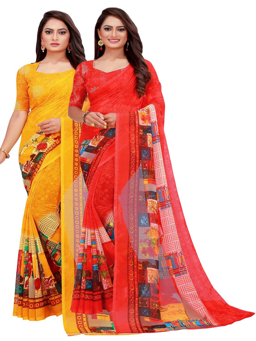 

KALINI Red & Yellow Printed Pure Georgette Saree