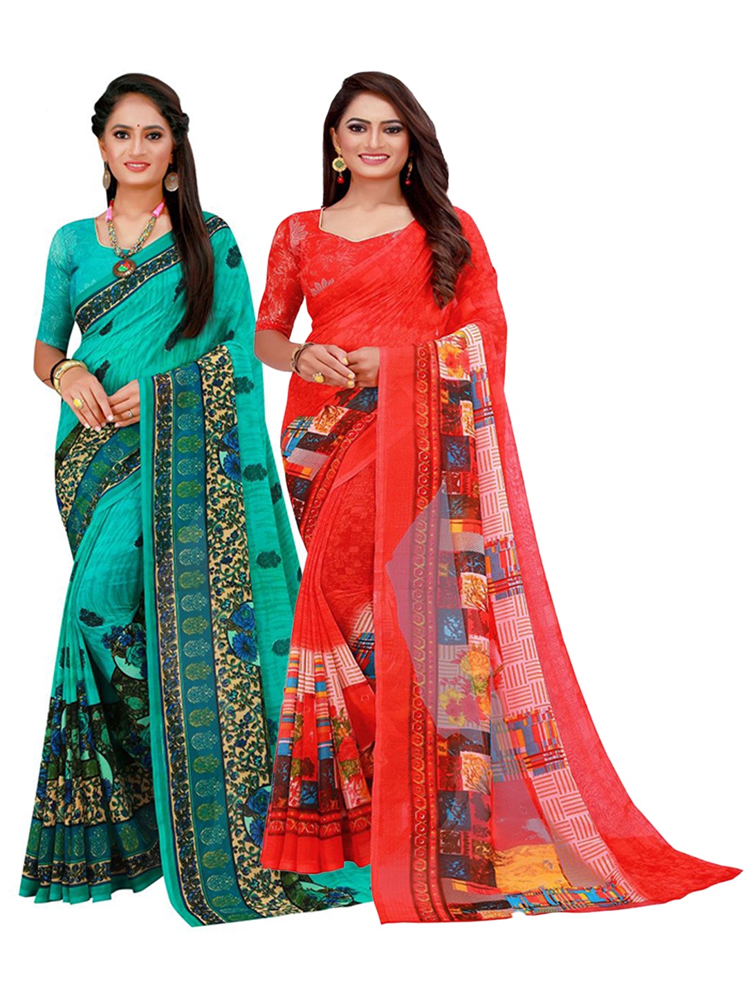 

KALINI Red & Green Printed Pure Georgette Saree