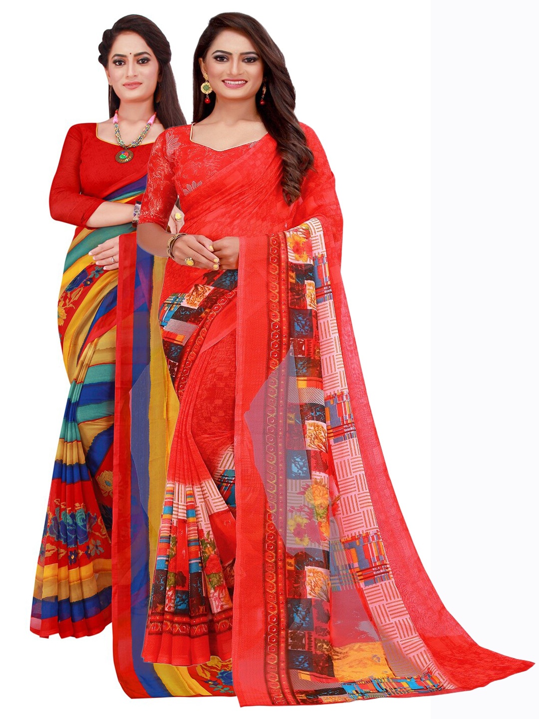 

KALINI Red & Mustard Printed Pure Georgette Saree