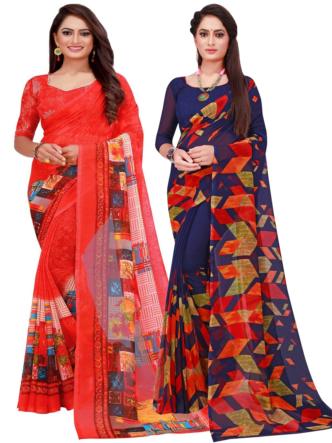 

KALINI Navy Blue & Red Printed Pure Georgette Saree