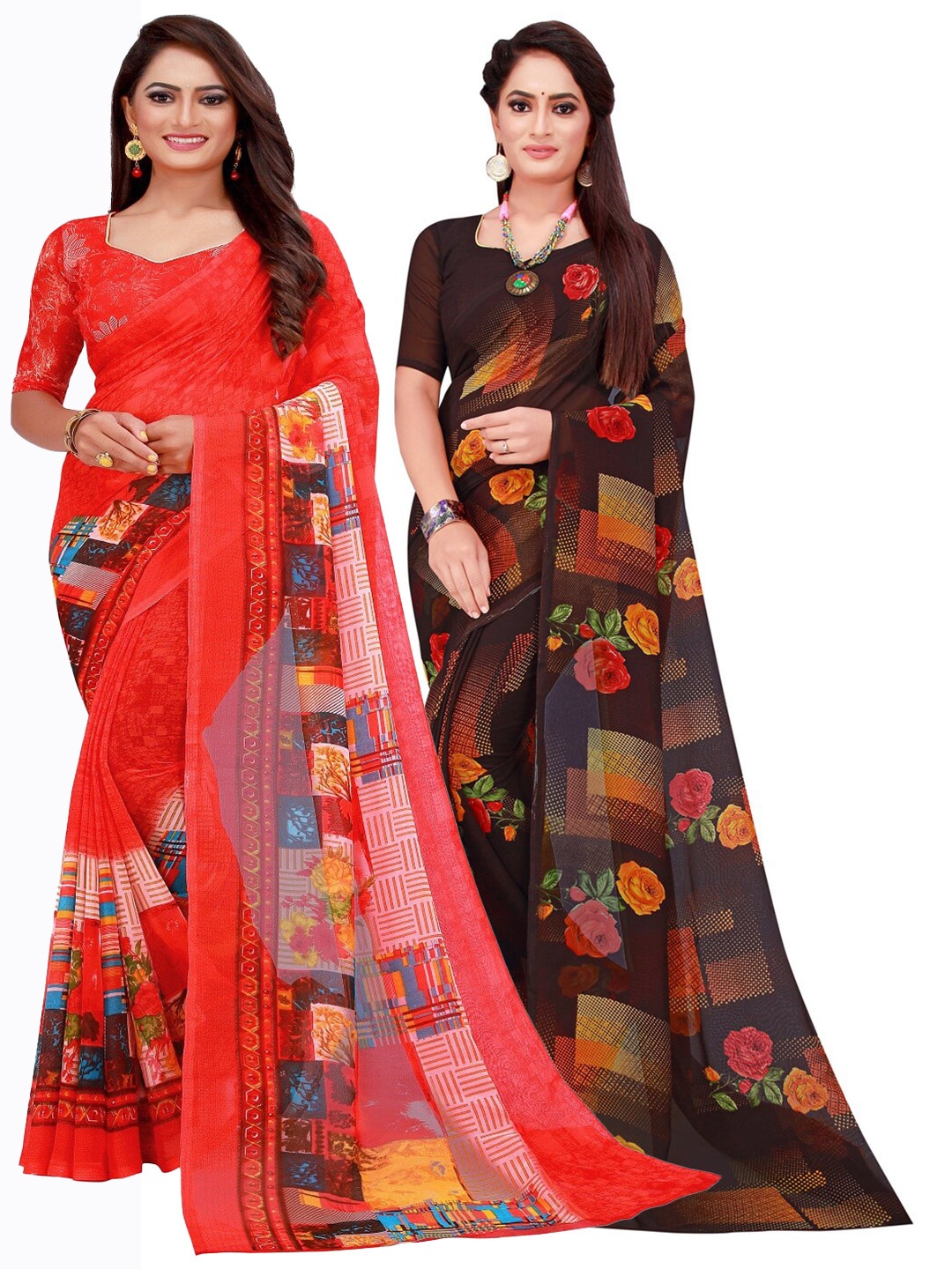 

KALINI Red & Brown Printed Pure Georgette Saree
