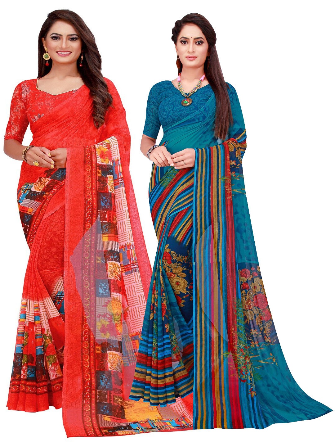

KALINI Red & Blue Printed Pure Georgette Saree