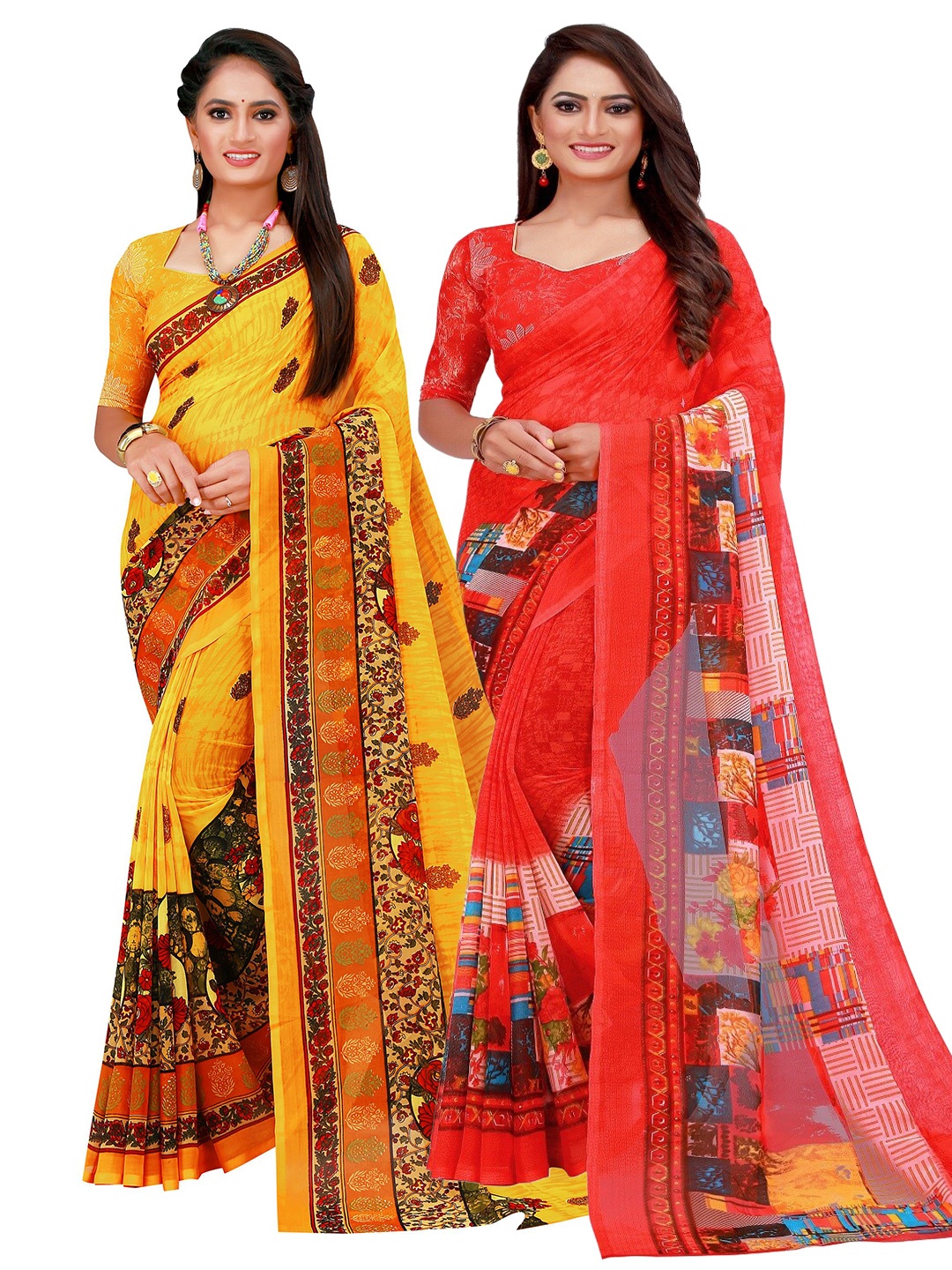 

KALINI Red & Yellow Printed Pure Georgette Saree