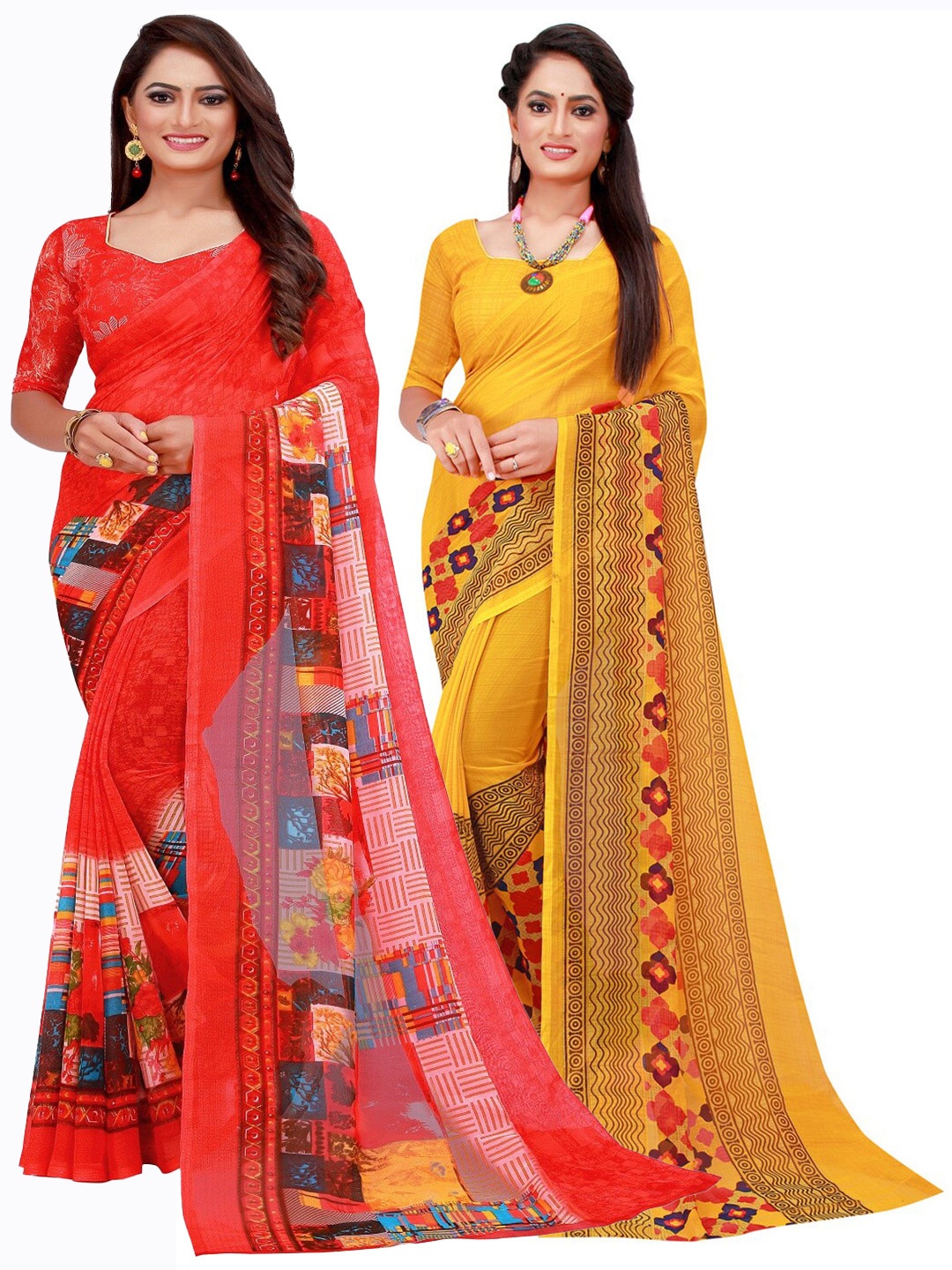 

KALINI Red & Orange Printed Pure Georgette Saree