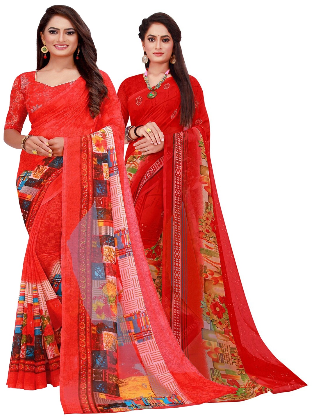 

KALINI Red Printed Pure Georgette Saree