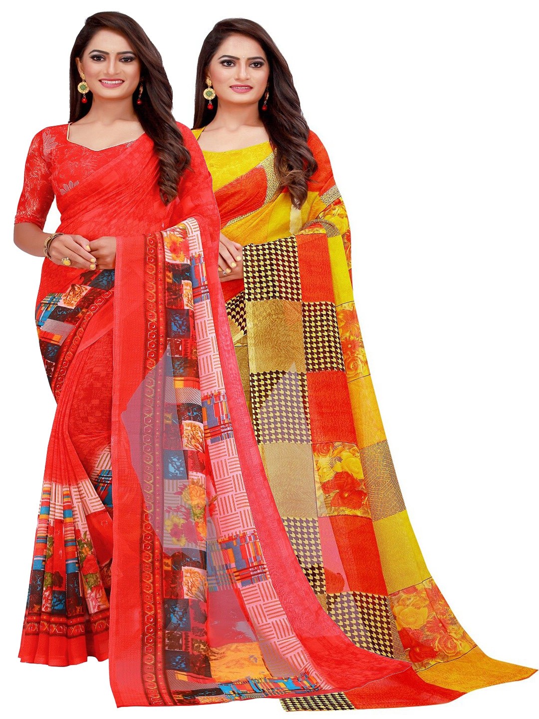 

KALINI Red & Yellow Printed Pure Georgette Saree
