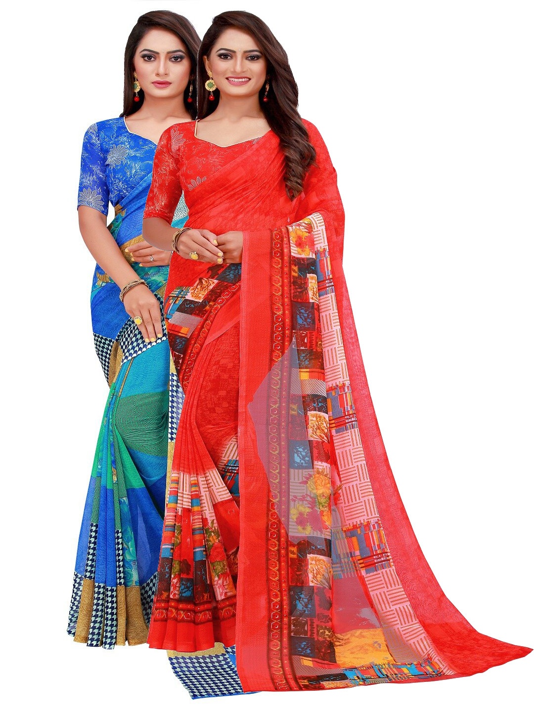 

KALINI Blue & Red Printed Pure Georgette Saree