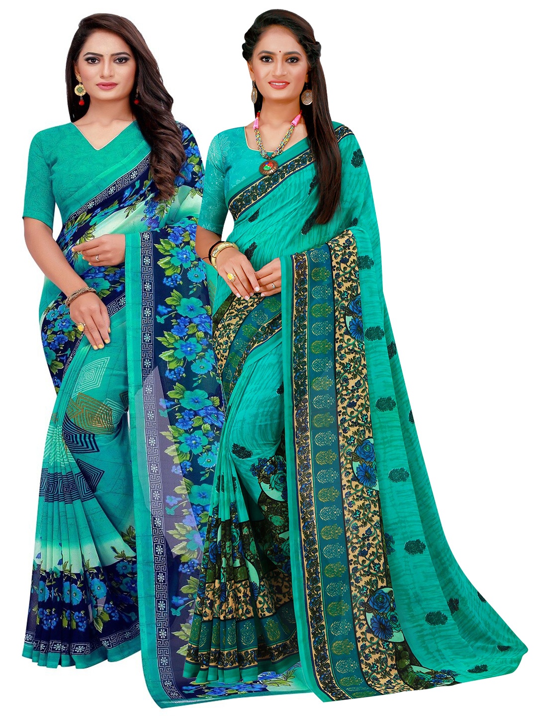 

KALINI Turquoise Blue & Blue Printed Pure Georgette Saree