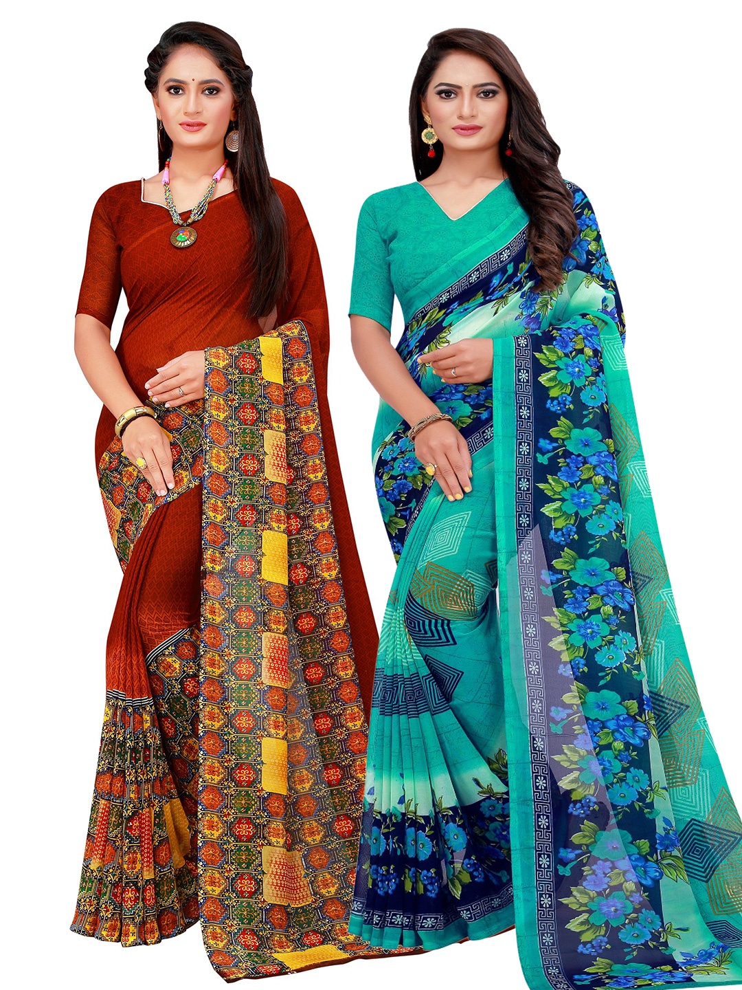 

KALINI Turquoise Blue & Maroon Printed Pure Georgette Saree