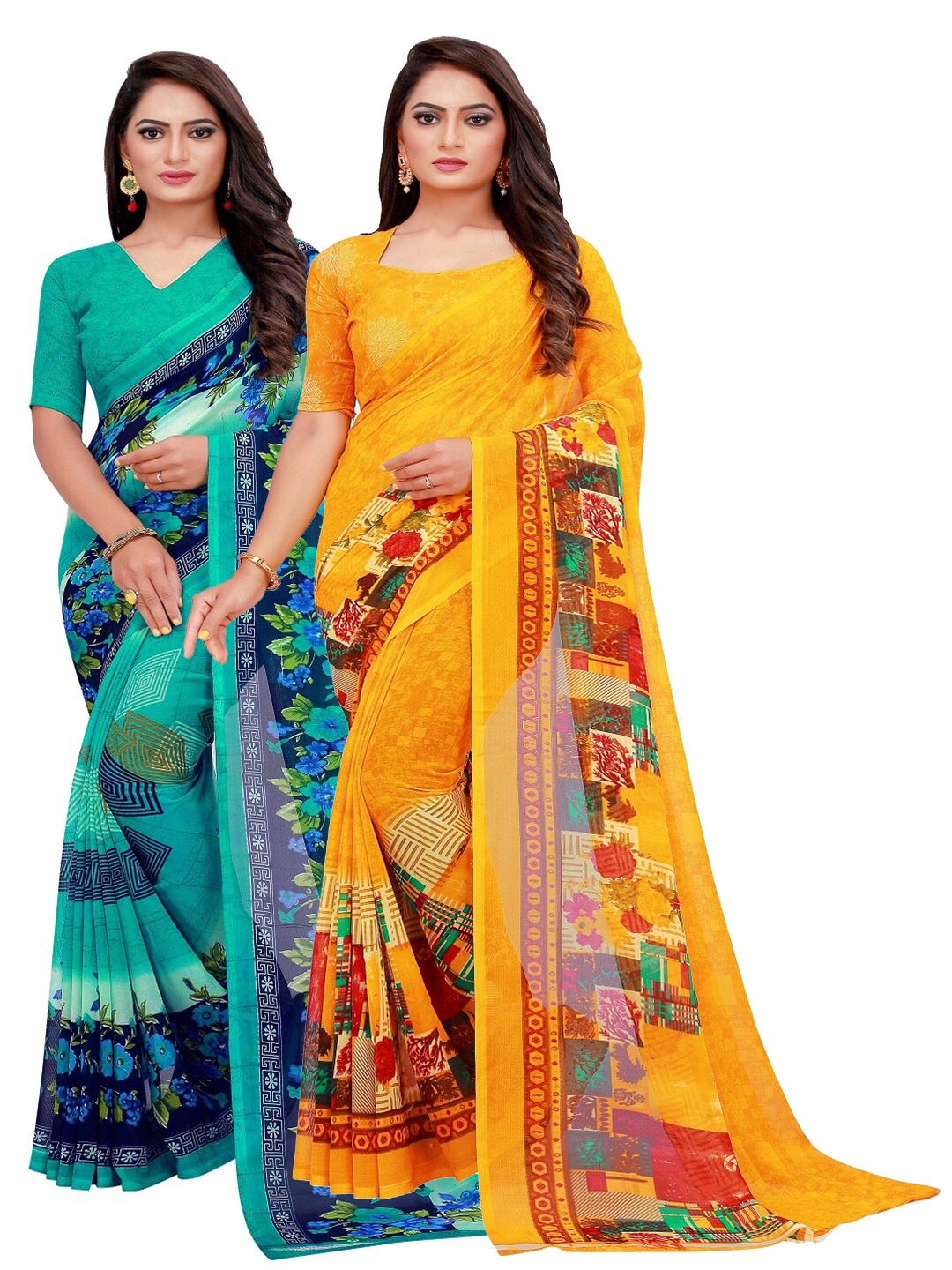

KALINI Turquoise Blue & Yellow Printed Pure Georgette Saree
