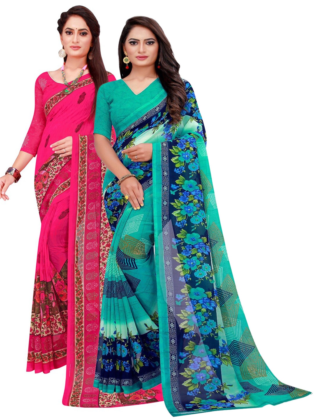

KALINI Turquoise Blue & Pink Printed Pure Georgette Saree