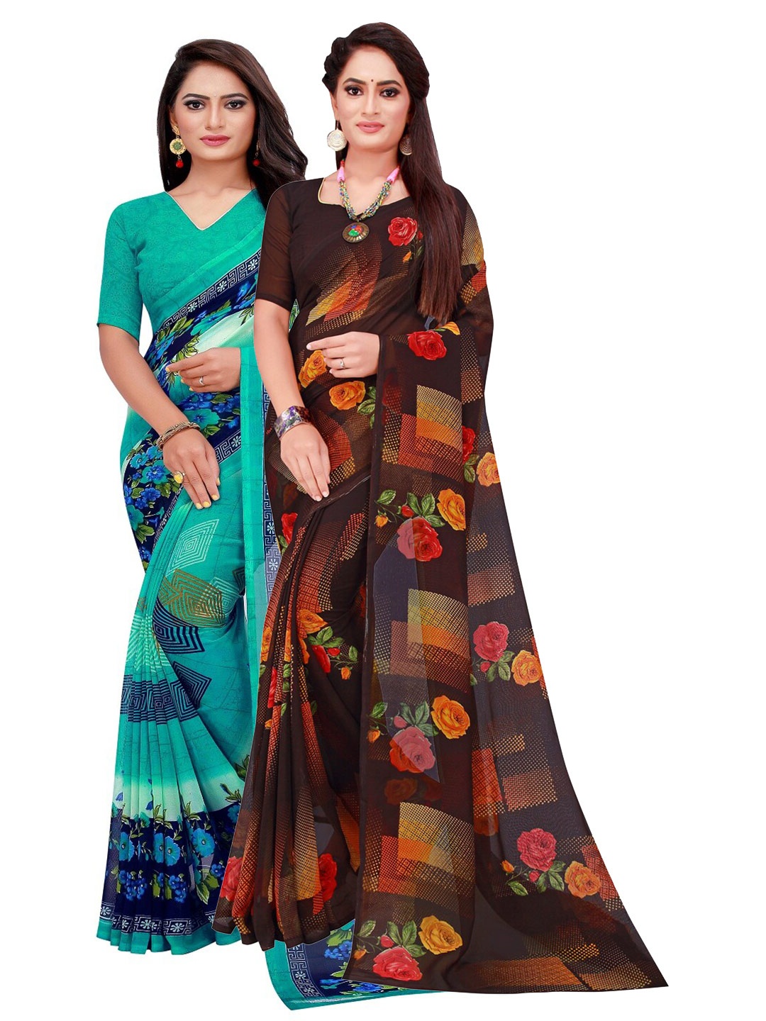 

KALINI Turquoise Blue & Black Printed Pure Georgette Saree