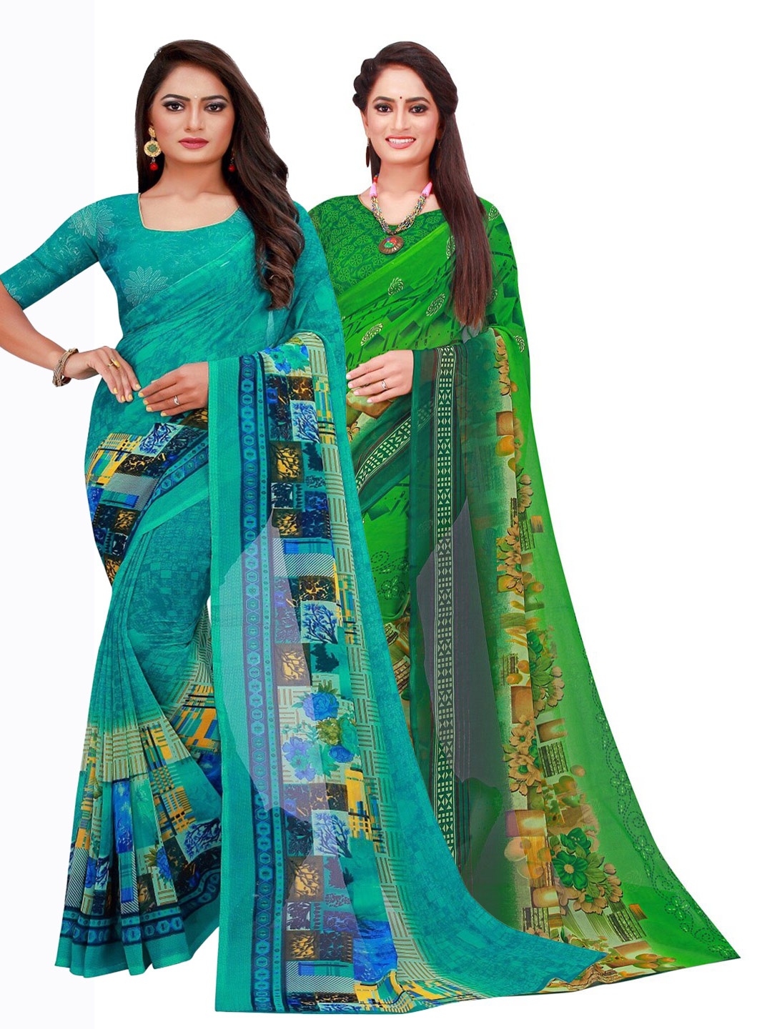 

KALINI Turquoise Blue & Green Printed Pure Georgette Saree