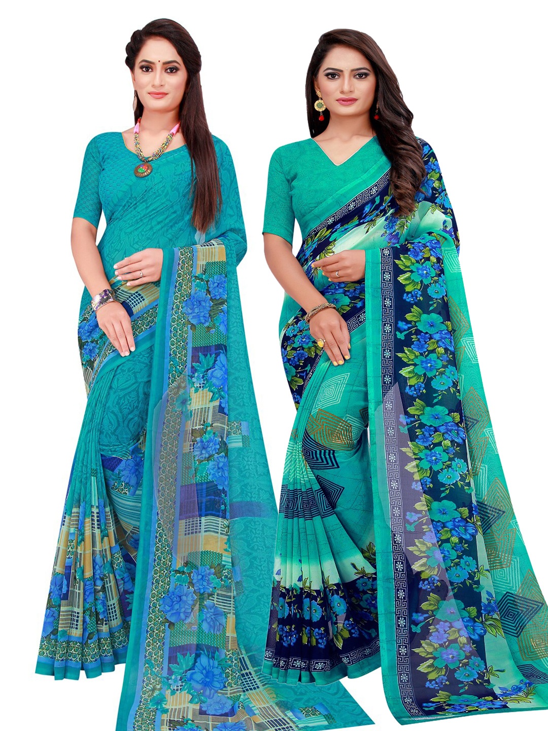 

KALINI Turquoise Blue & Green Printed Pure Georgette Saree