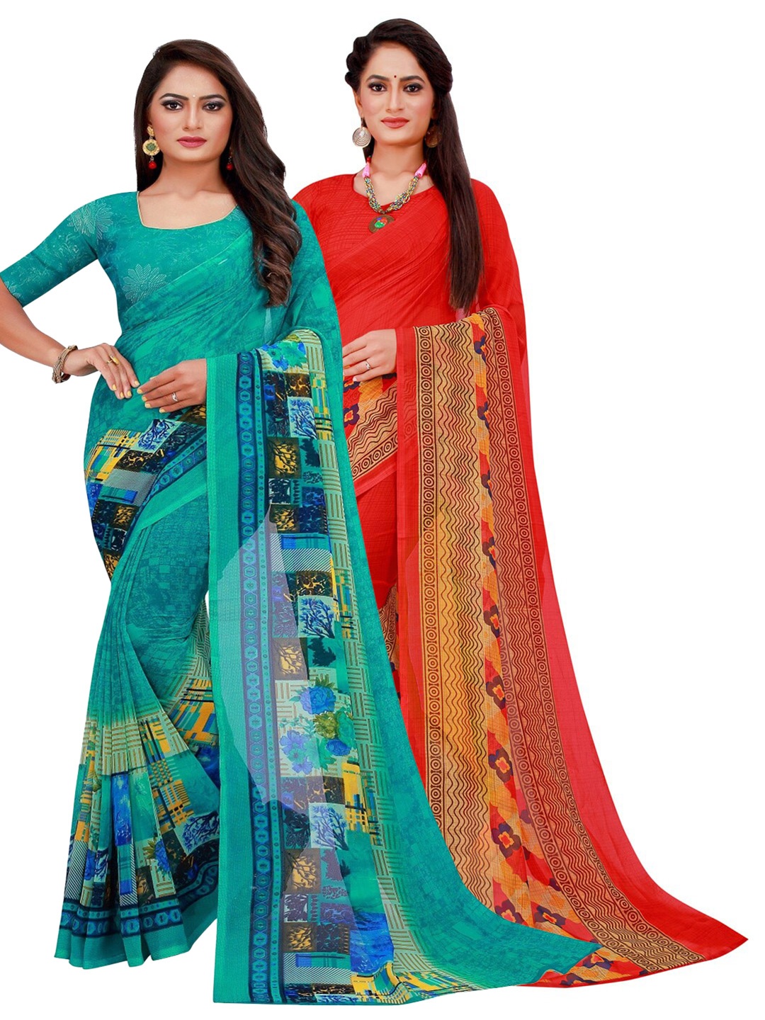 

KALINI Red & Blue Printed Pure Georgette Saree