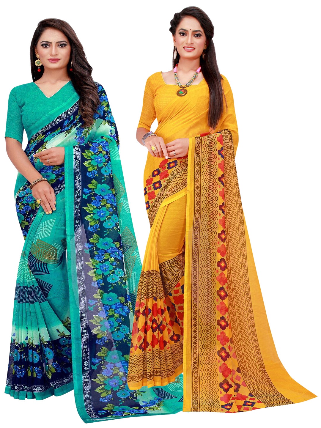 

KALINI Turquoise Blue & Yellow Printed Pure Georgette Saree
