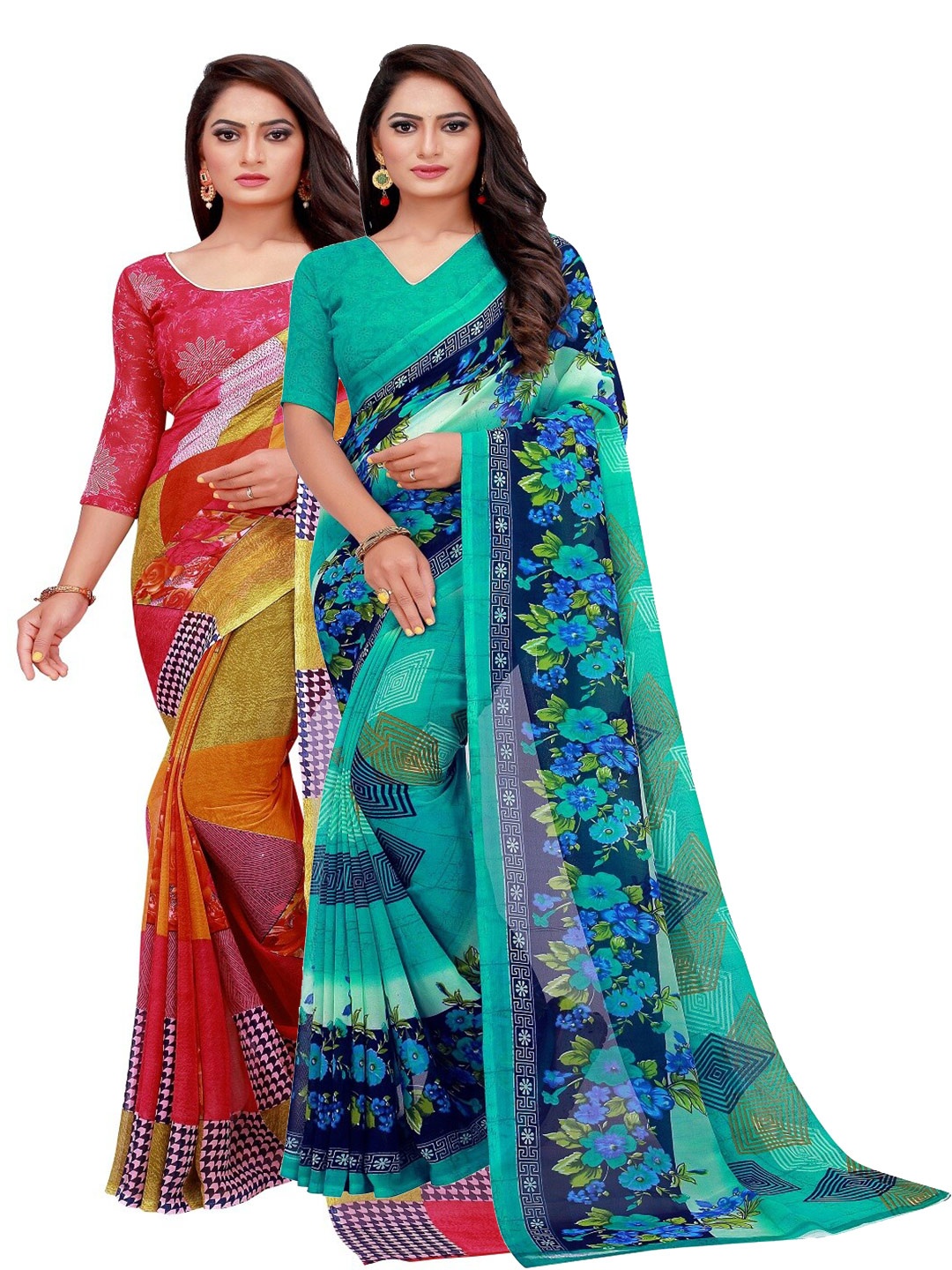 

KALINI Red & Blue Printed Pure Georgette Saree