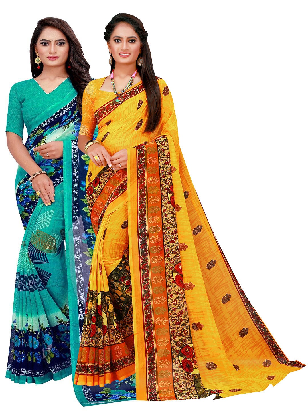 

KALINI Turquoise Blue & Yellow Printed Pure Georgette Saree
