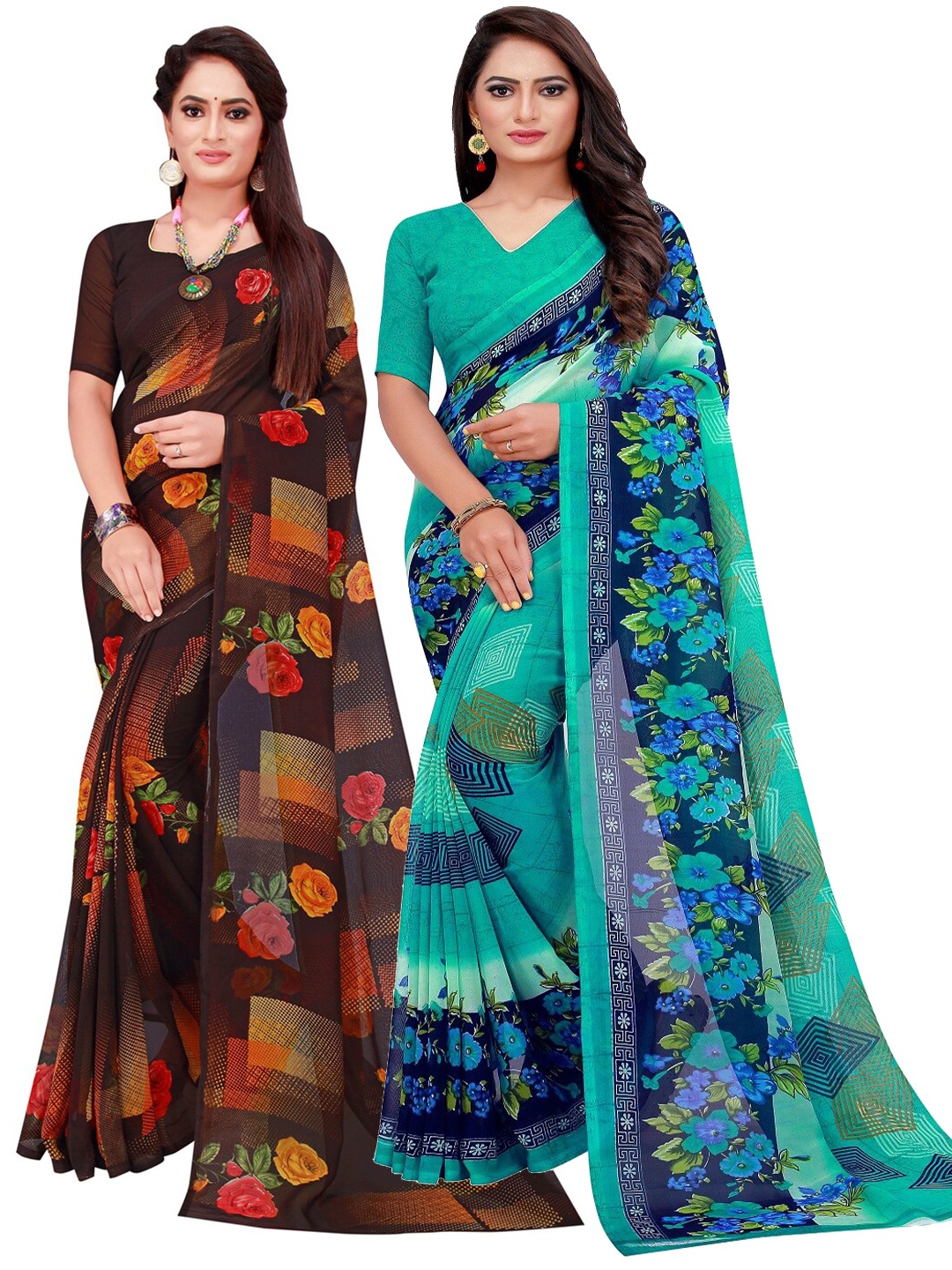 

KALINI Turquoise Blue & Black Printed Pure Georgette Saree
