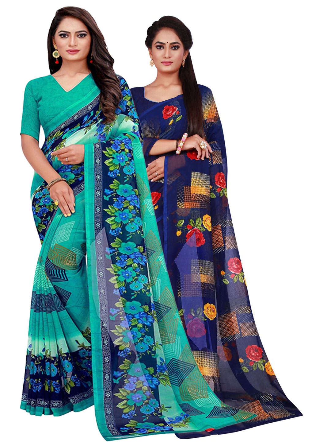 

KALINI Turquoise Blue & Yellow Printed Pure Georgette Saree